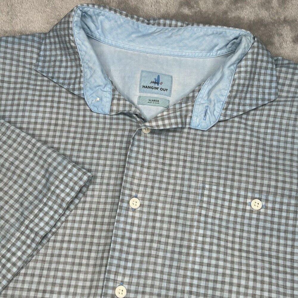 Johnnie-O Shirt Mens XL Blue Gray Plaid Check Button Up Short Sleeve Camp Casual